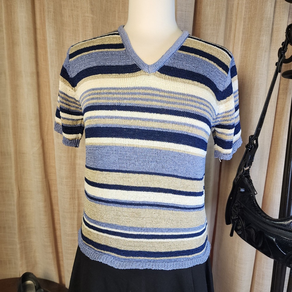 Directives Womens Large V-Neck Short Sleeve Striped Knit Sweater Top Blue Tan